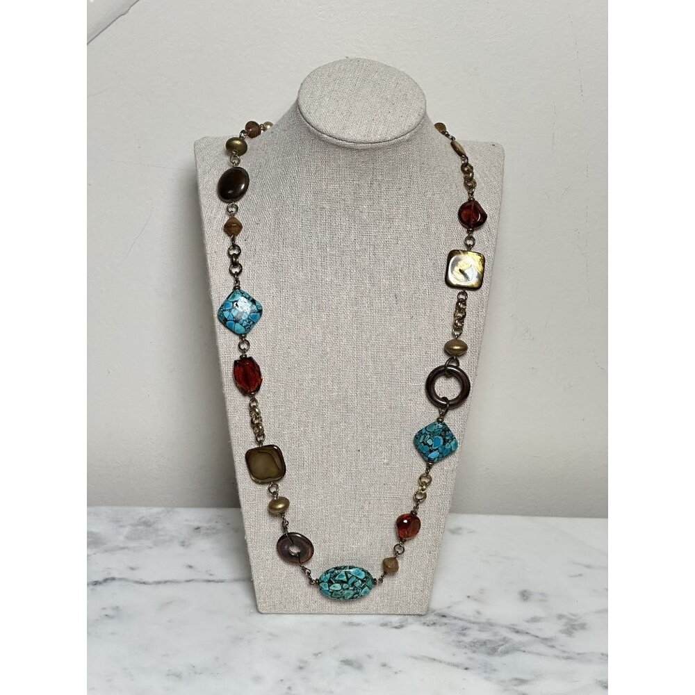 Boho Statement Necklace Turquoise Look Amber Beads Long Chain Vintage 27" - Picture 5 of 8